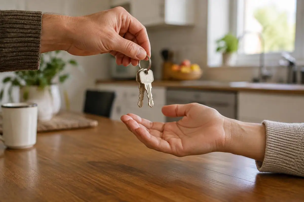 A hand passing house keys across a kitchen table