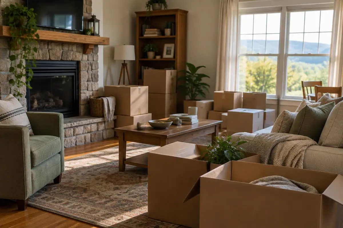Unlabeled moving boxes in a sunny living room