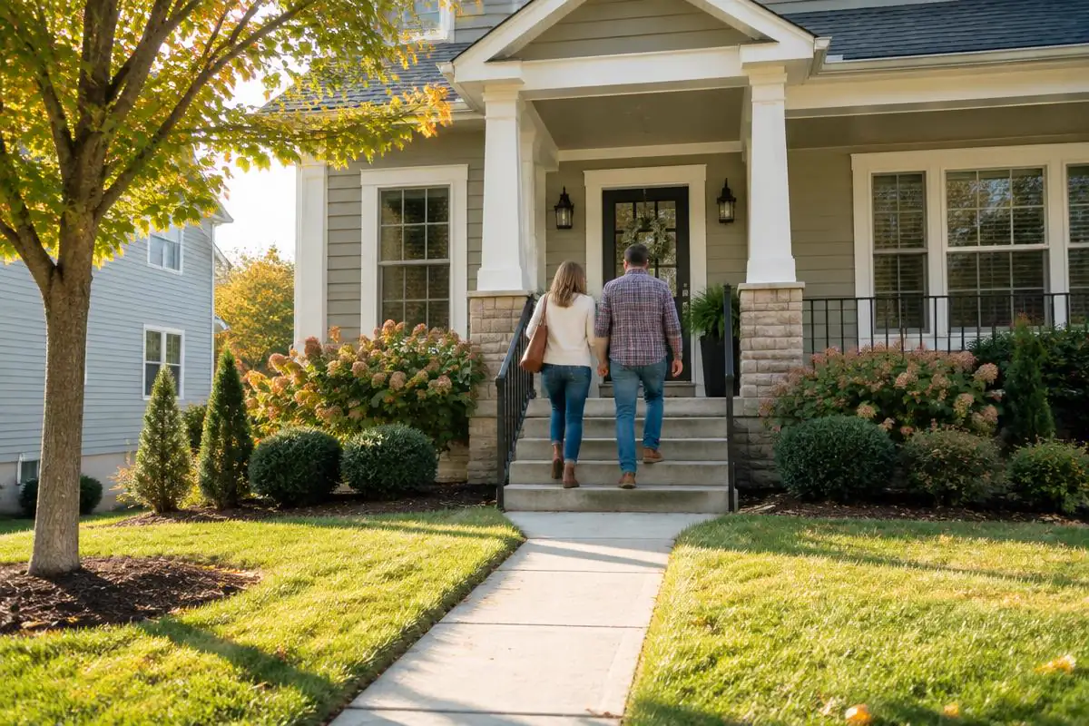A couple walking toward an everyday home on a tree-lined street