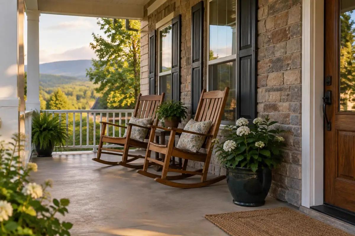Two rocking chairs and potted plants on a covered front porch