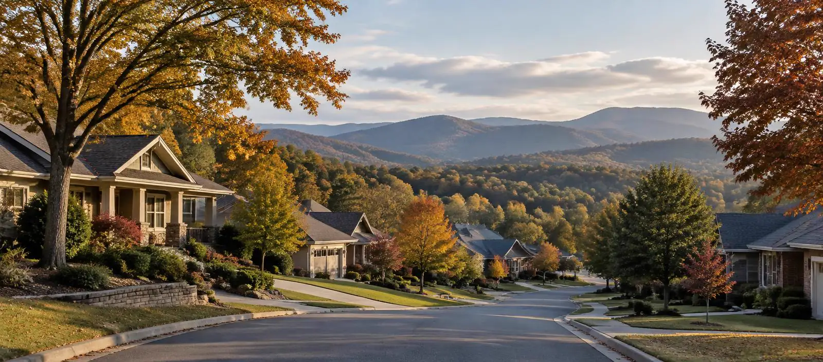A quiet East Tennessee neighborhood with mature trees and mountains